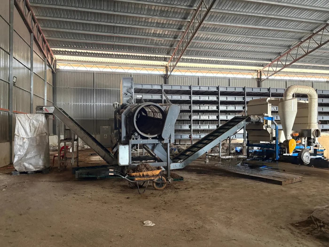 The larvae harvesting and sieving line inside the cultivation hall
