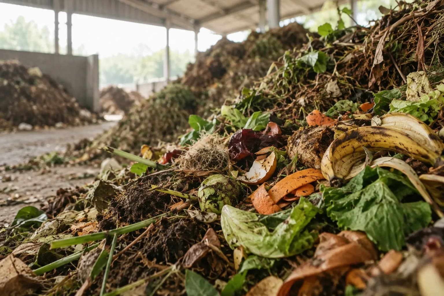 A long pile of food scraps and garden waste under a shed: banana peels, vegetable leaves and eggshells