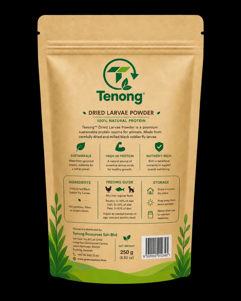 Back of the Dried Larvae Powder pouch