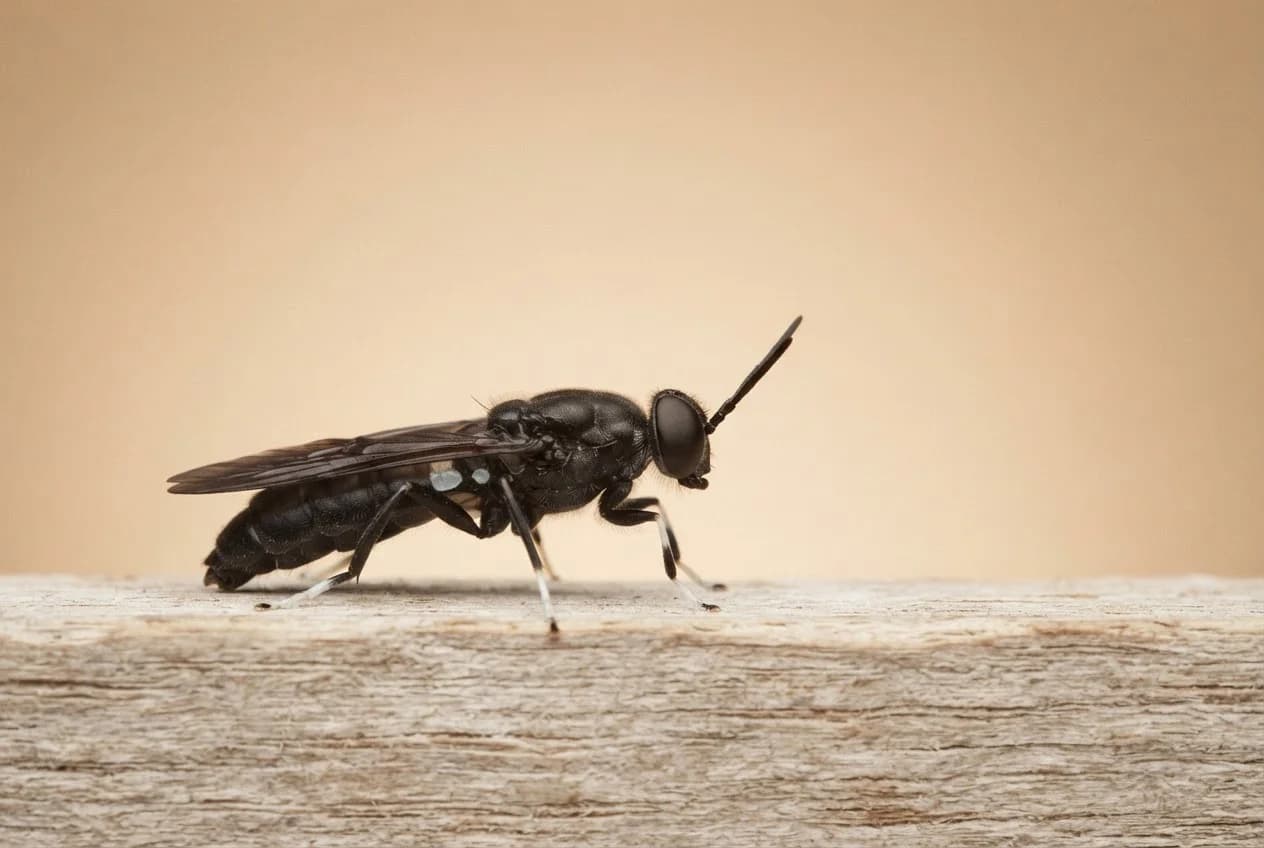 Pandangan sisi seekor lalat askar hitam dewasa yang langsing dan berwarna hitam dengan kaki pucat, hinggap pada kayu yang lapuk